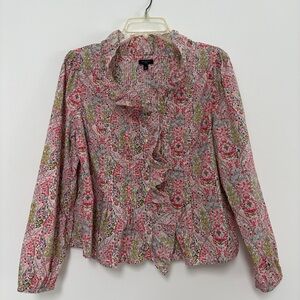 Talbots Floral Ruffle Buttoned Blouse LP Pink Green